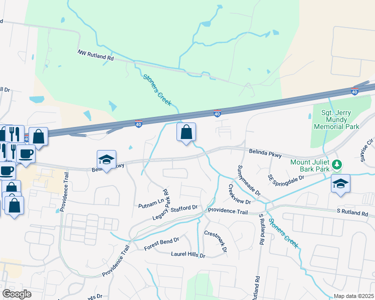 map of restaurants, bars, coffee shops, grocery stores, and more near 126 Belinda Parkway in Mt. Juliet