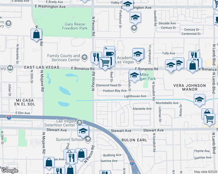 map of restaurants, bars, coffee shops, grocery stores, and more near 3604 Hudson Bay Avenue in Las Vegas