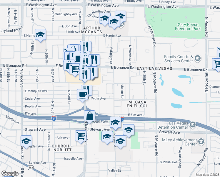 map of restaurants, bars, coffee shops, grocery stores, and more near 380 Maydelle Place in Las Vegas