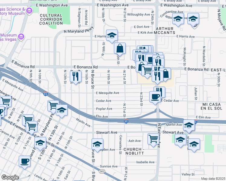 map of restaurants, bars, coffee shops, grocery stores, and more near 1916 East Mesquite Avenue in Las Vegas