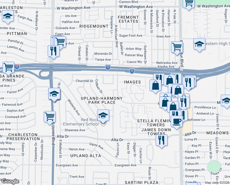 map of restaurants, bars, coffee shops, grocery stores, and more near 213 Falcon Lane in Las Vegas