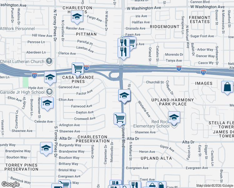 map of restaurants, bars, coffee shops, grocery stores, and more near 101 South Jones Boulevard in Las Vegas
