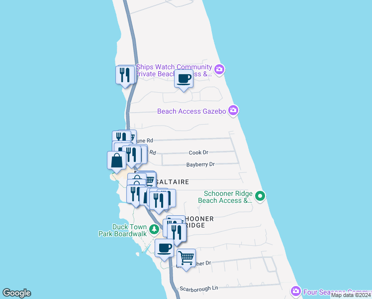 map of restaurants, bars, coffee shops, grocery stores, and more near 116 Cook Drive in Kitty Hawk