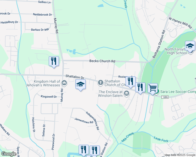 map of restaurants, bars, coffee shops, grocery stores, and more near 5471 Shattalon Drive in Winston-Salem