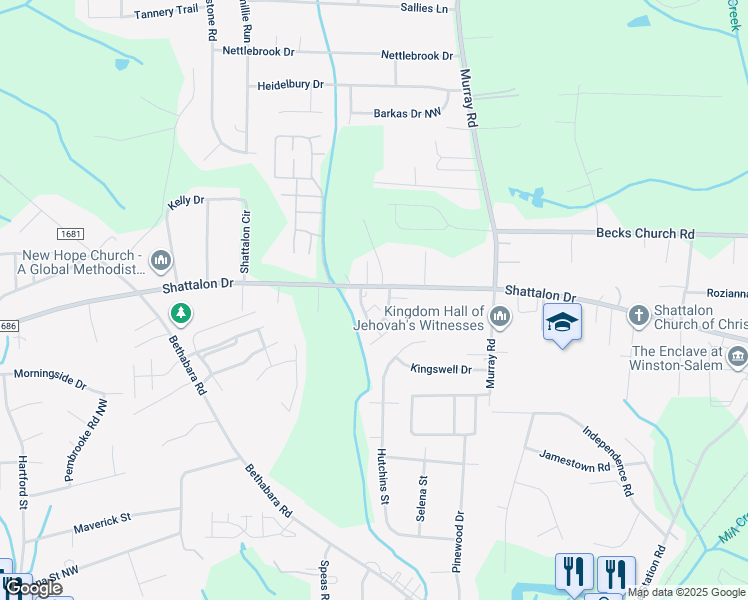 map of restaurants, bars, coffee shops, grocery stores, and more near 400 Vista Circle in Winston-Salem