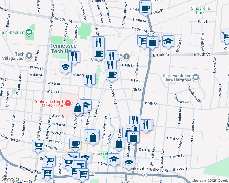 map of restaurants, bars, coffee shops, grocery stores, and more near 621 North Dixie Avenue in Cookeville