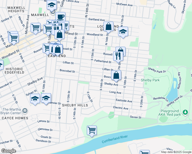 map of restaurants, bars, coffee shops, grocery stores, and more near 1510 Boscobel Street in Nashville