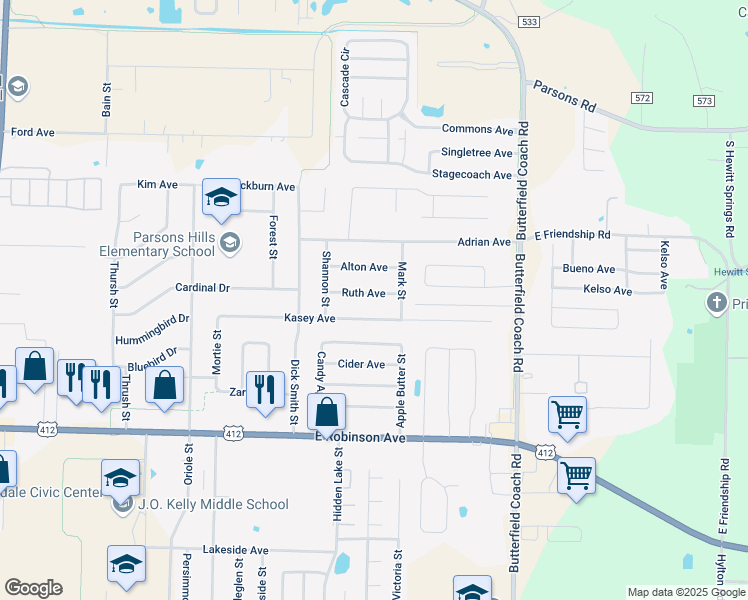 map of restaurants, bars, coffee shops, grocery stores, and more near 2736 Kasey Avenue in Springdale