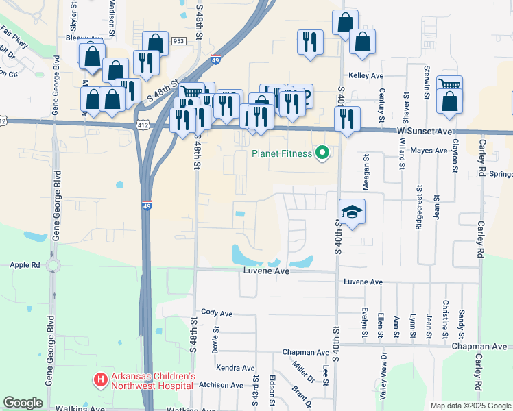 map of restaurants, bars, coffee shops, grocery stores, and more near 4533 Greens Drive in Springdale