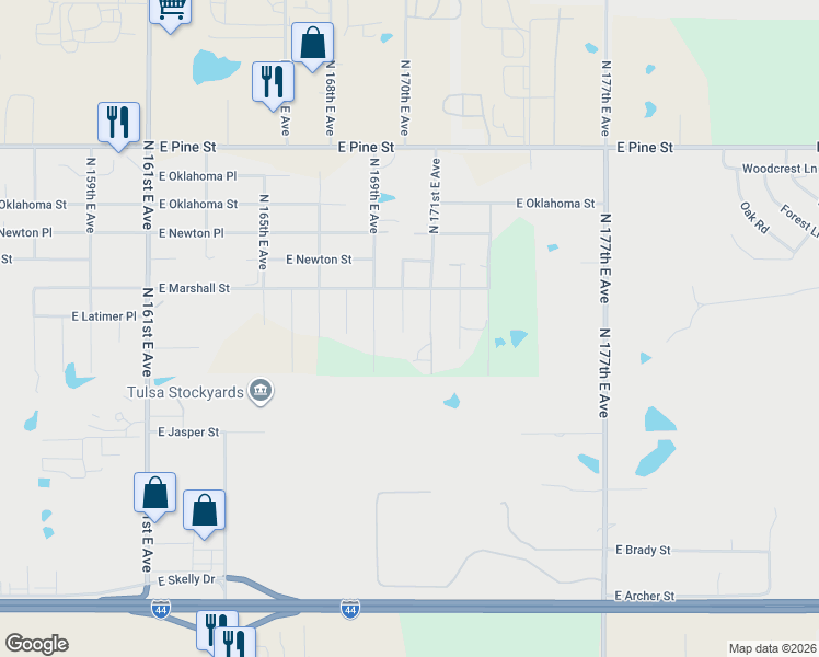 map of restaurants, bars, coffee shops, grocery stores, and more near 1121 North 170th East Avenue in Tulsa