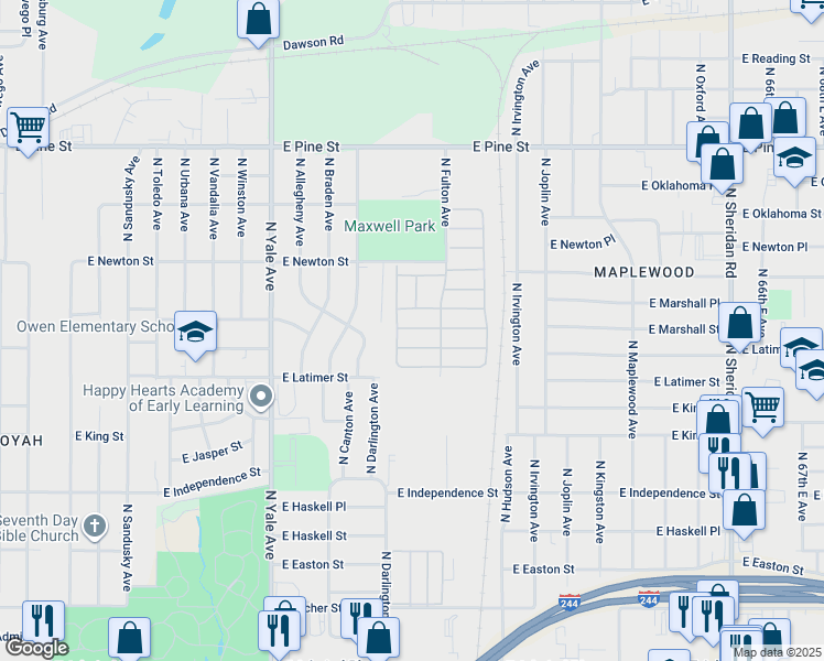 map of restaurants, bars, coffee shops, grocery stores, and more near 1127-1199 North Darlington Place in Tulsa