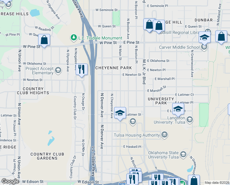 map of restaurants, bars, coffee shops, grocery stores, and more near 1160 North Main Street in Tulsa