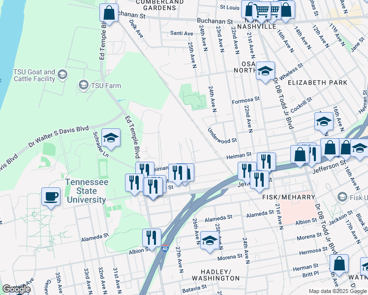 map of restaurants, bars, coffee shops, grocery stores, and more near 1200 West H. Davis Drive in Nashville