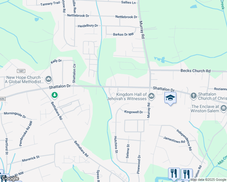 map of restaurants, bars, coffee shops, grocery stores, and more near 400 Vista Circle in Winston-Salem