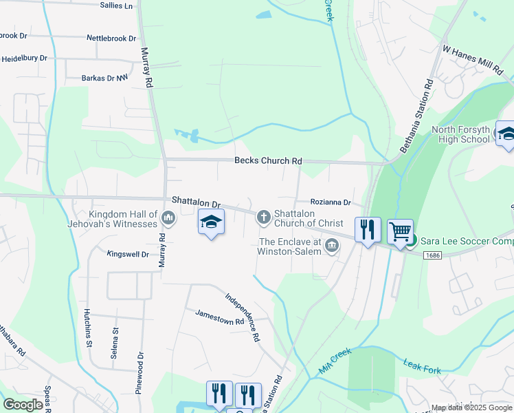 map of restaurants, bars, coffee shops, grocery stores, and more near 5471 Shattalon Drive in Winston-Salem