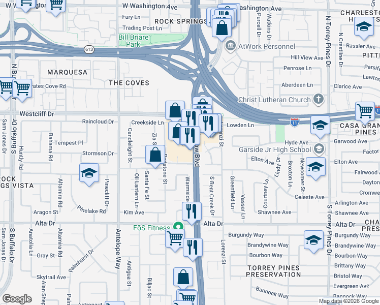map of restaurants, bars, coffee shops, grocery stores, and more near 240 South Rainbow Boulevard in Las Vegas