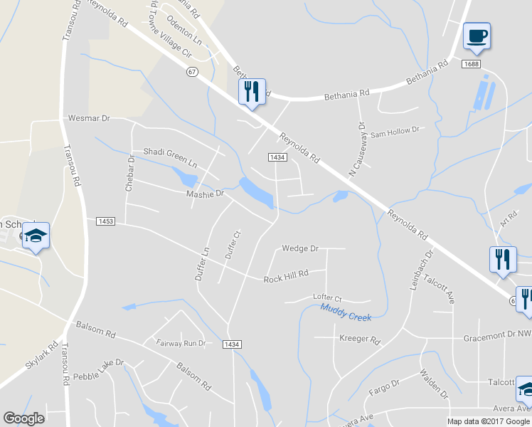 map of restaurants, bars, coffee shops, grocery stores, and more near 4207 Mashie Drive in Pfafftown