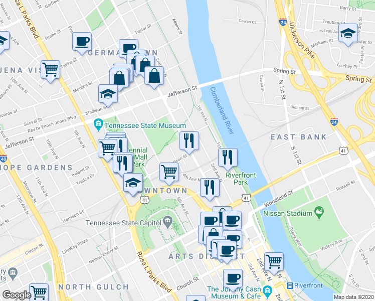 map of restaurants, bars, coffee shops, grocery stores, and more near 807 3rd Avenue North in Nashville
