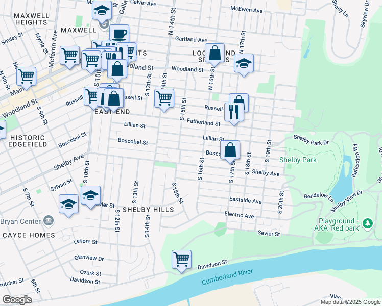 map of restaurants, bars, coffee shops, grocery stores, and more near 1510 Boscobel Street in Nashville