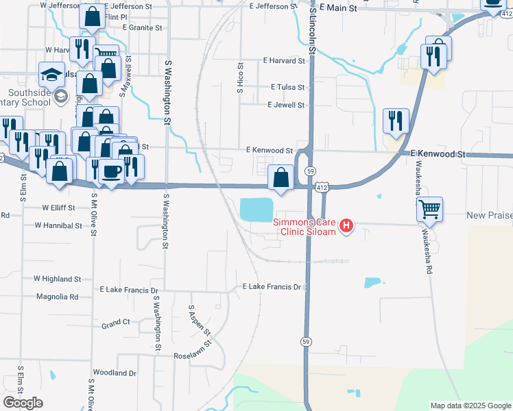map of restaurants, bars, coffee shops, grocery stores, and more near 1150 U.S. 412 in Siloam Springs