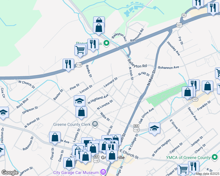 map of restaurants, bars, coffee shops, grocery stores, and more near 407 North Highland Avenue in Greeneville