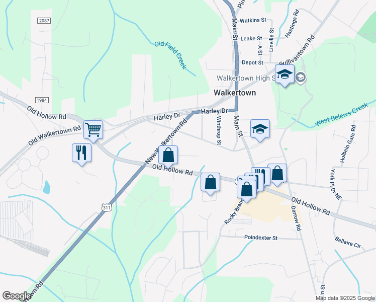 map of restaurants, bars, coffee shops, grocery stores, and more near 2725 Payton Lane in Walkertown