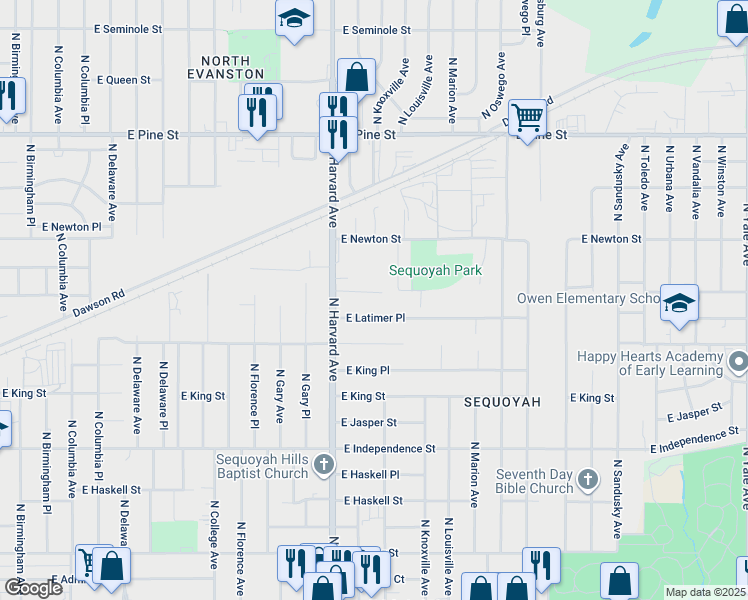 map of restaurants, bars, coffee shops, grocery stores, and more near 3336 East Marshall Street in Tulsa