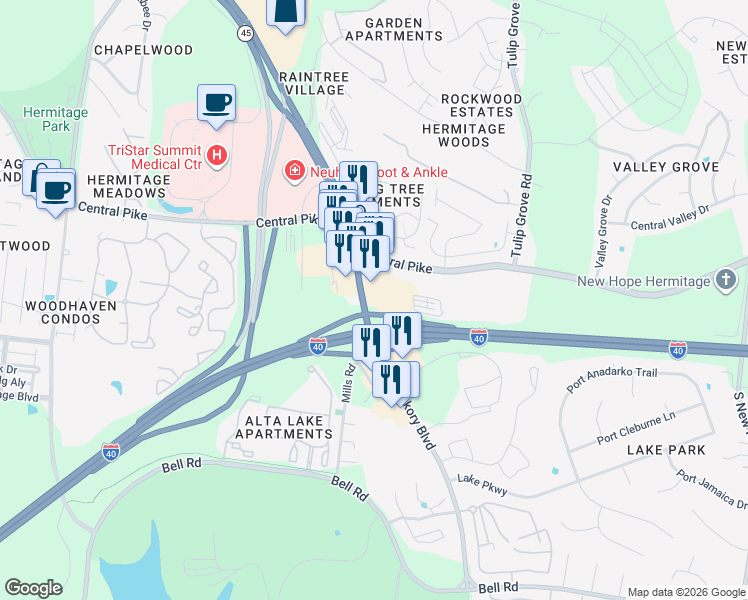 map of restaurants, bars, coffee shops, grocery stores, and more near 5780 Old Hickory Boulevard in Nashville