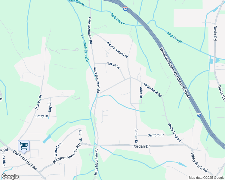 map of restaurants, bars, coffee shops, grocery stores, and more near White Rock Road in Winston-Salem
