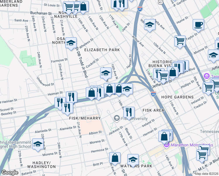 map of restaurants, bars, coffee shops, grocery stores, and more near 1700 Scovel Street in Nashville