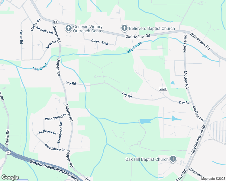 map of restaurants, bars, coffee shops, grocery stores, and more near 3490 Day Road in Walkertown