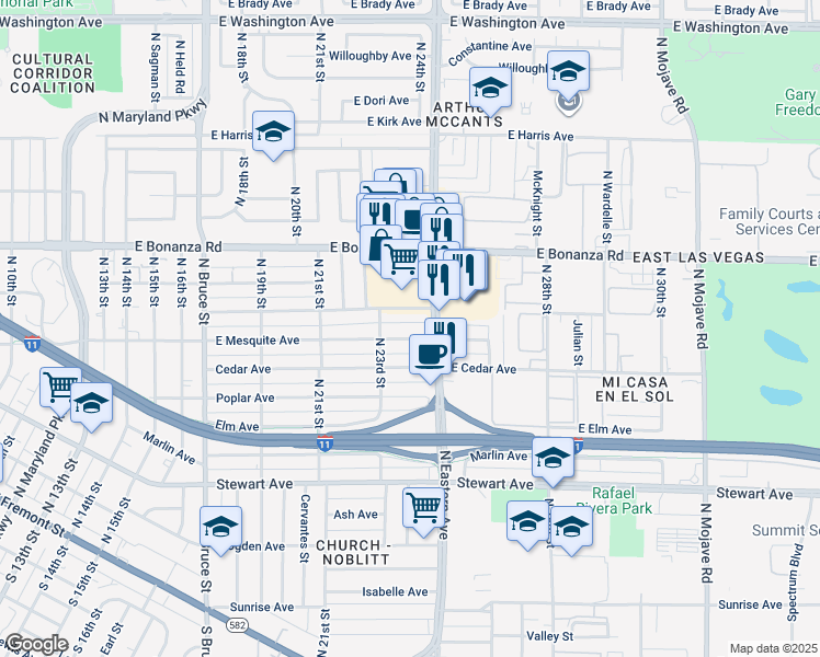 map of restaurants, bars, coffee shops, grocery stores, and more near 2312 East Mesquite Avenue in Las Vegas