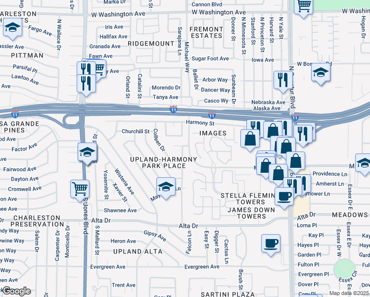 map of restaurants, bars, coffee shops, grocery stores, and more near 213 Falcon Lane in Las Vegas