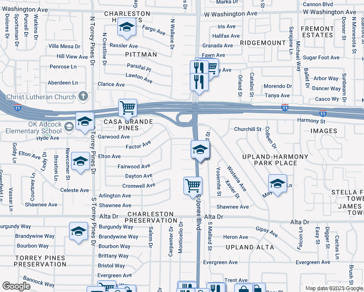 map of restaurants, bars, coffee shops, grocery stores, and more near 6121 Fairwood Circle in Las Vegas