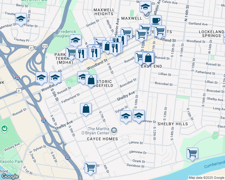 map of restaurants, bars, coffee shops, grocery stores, and more near 814 Boscobel Street in Nashville