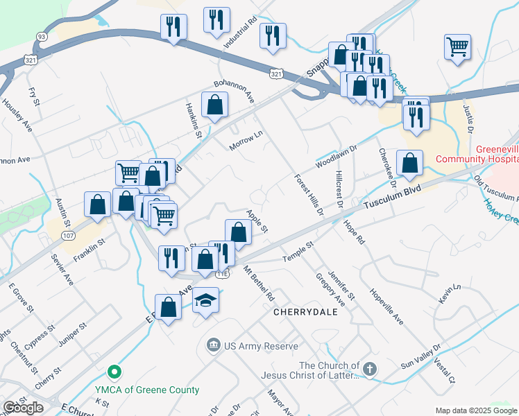 map of restaurants, bars, coffee shops, grocery stores, and more near 1302 Timbers Trail in Greeneville
