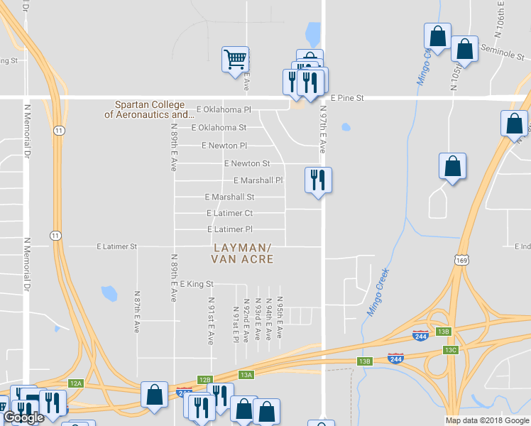 map of restaurants, bars, coffee shops, grocery stores, and more near 9175 East Latimer Court in Tulsa