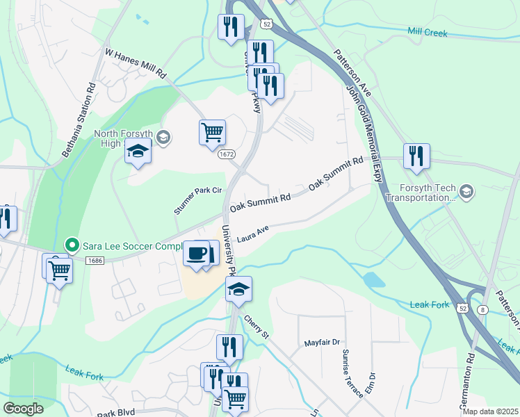map of restaurants, bars, coffee shops, grocery stores, and more near 120 Oak Summit Road in Winston Salem