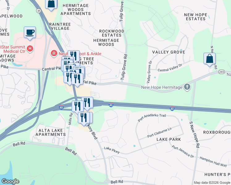 map of restaurants, bars, coffee shops, grocery stores, and more near 4100 Central Pike in Nashville