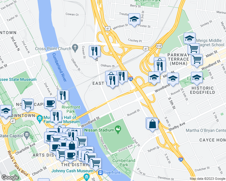map of restaurants, bars, coffee shops, grocery stores, and more near 111 North 1st Street in Nashville