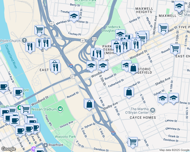 map of restaurants, bars, coffee shops, grocery stores, and more near 120 South 5th Street in Nashville