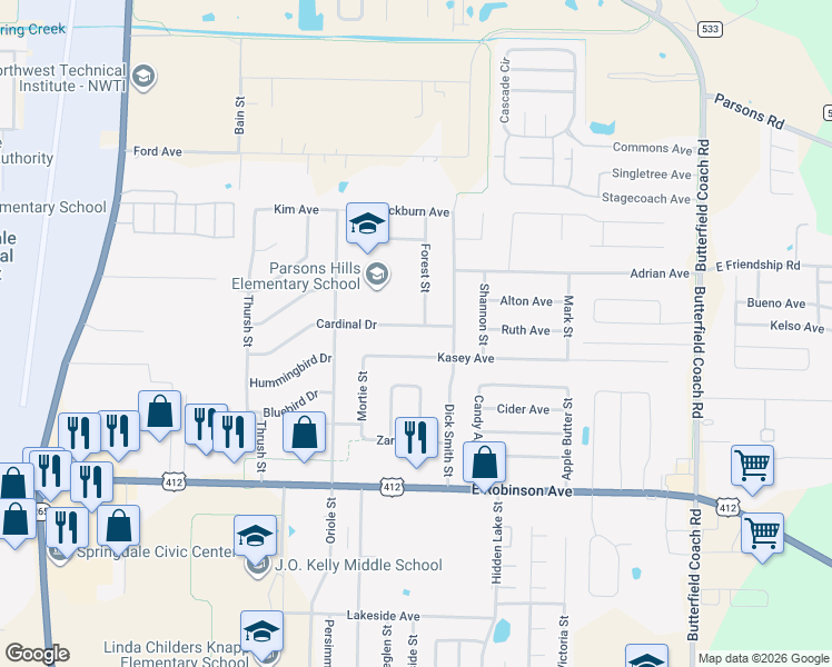 map of restaurants, bars, coffee shops, grocery stores, and more near 2400 Kasey Avenue in Springdale