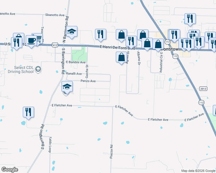 map of restaurants, bars, coffee shops, grocery stores, and more near 479 Romano Avenue in Springdale