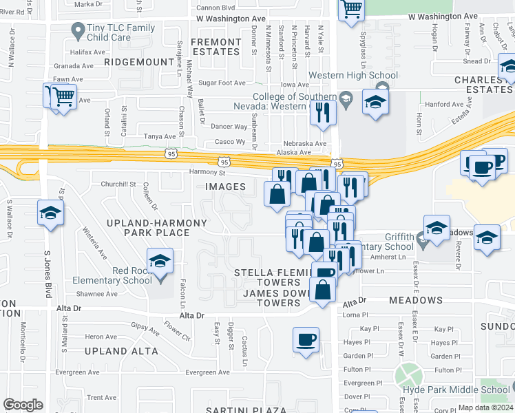 map of restaurants, bars, coffee shops, grocery stores, and more near 5220 Mission Carmel Lane in Las Vegas