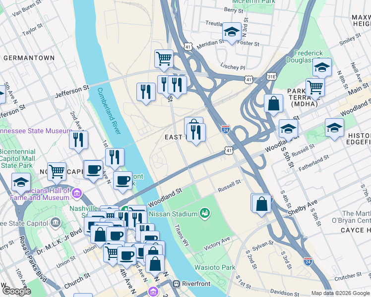 map of restaurants, bars, coffee shops, grocery stores, and more near 2-56 S 1st St in Nashville
