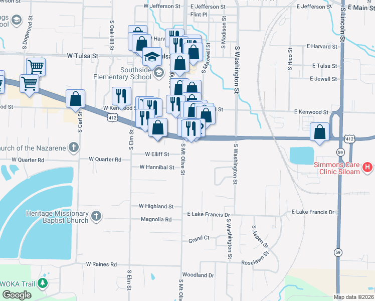 map of restaurants, bars, coffee shops, grocery stores, and more near 160 U.S. 412 in Siloam Springs