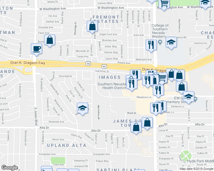 map of restaurants, bars, coffee shops, grocery stores, and more near 5385 Images Court in Las Vegas