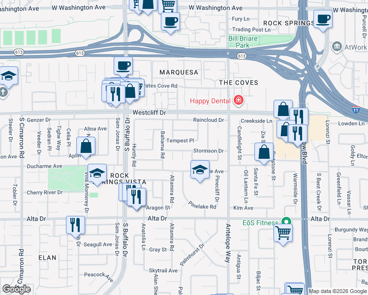 map of restaurants, bars, coffee shops, grocery stores, and more near 225 Windsong Court in Las Vegas