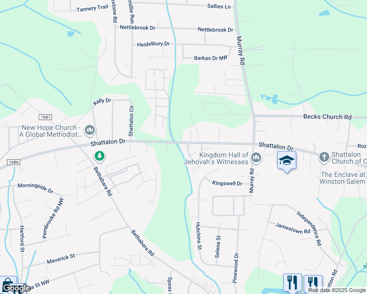map of restaurants, bars, coffee shops, grocery stores, and more near 130 Vista Circle in Winston-Salem