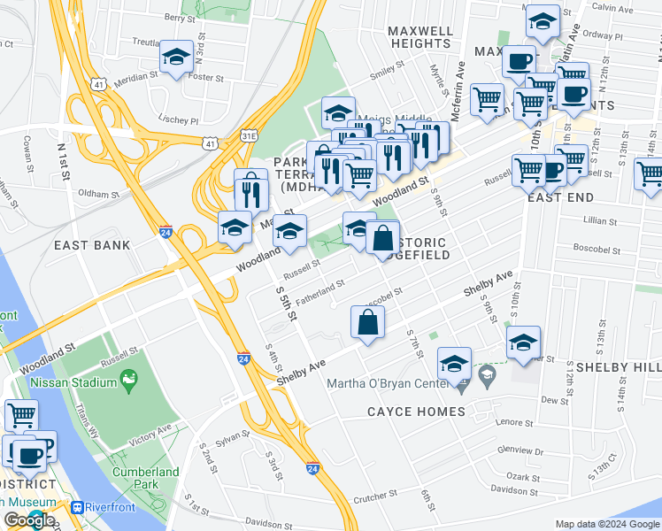 map of restaurants, bars, coffee shops, grocery stores, and more near 603 Fatherland Street in Nashville